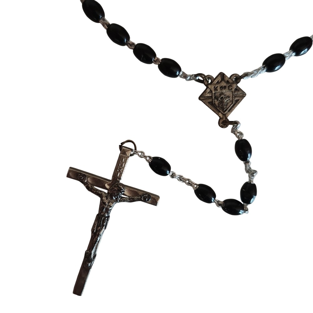 Silver‎ Tone Black Bead Rosary Necklace Crucifix Jesus Made in Italy Religious